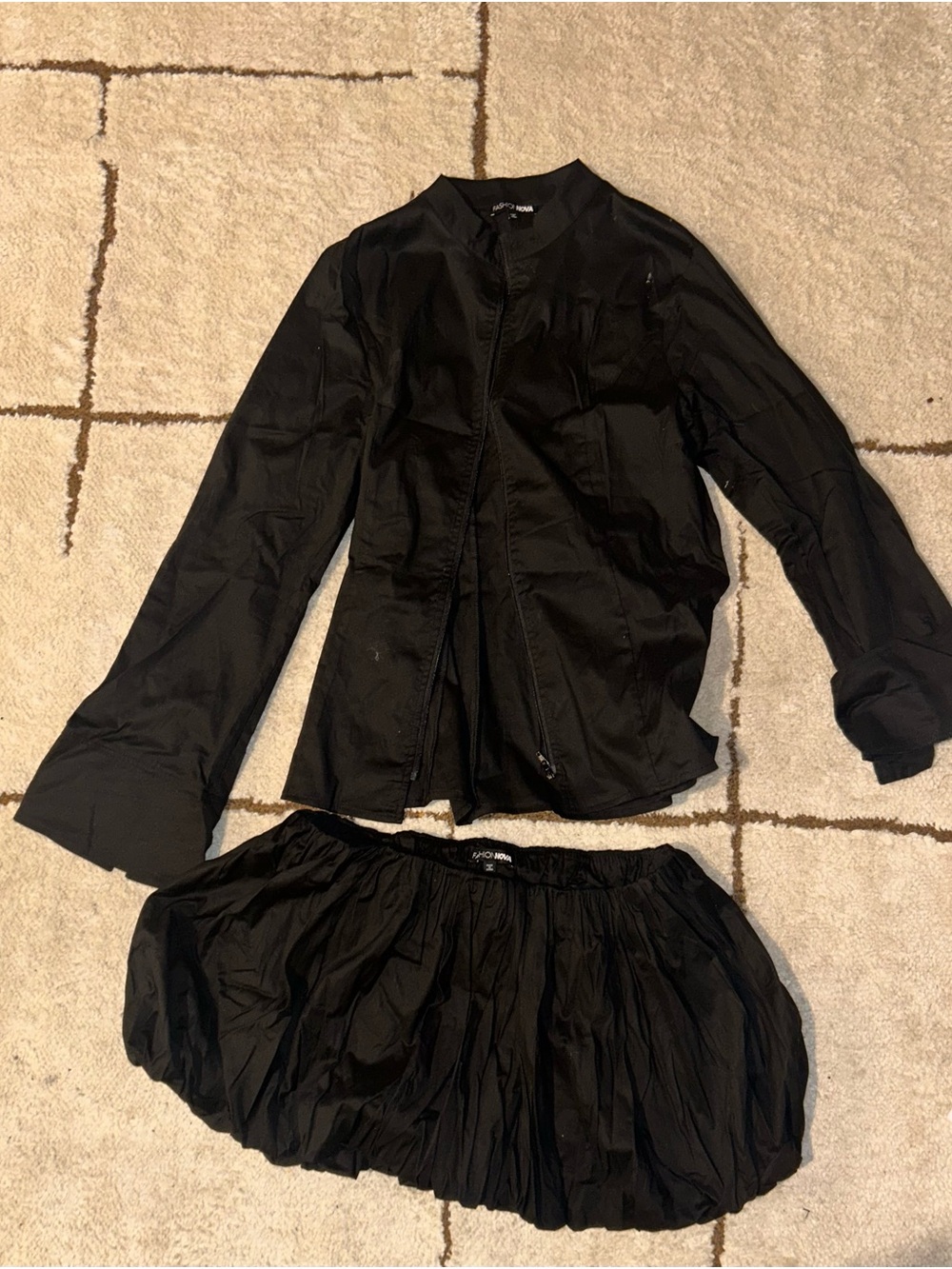 Fashion Nova Black Bomber Jacket and Bubble Skirt Set